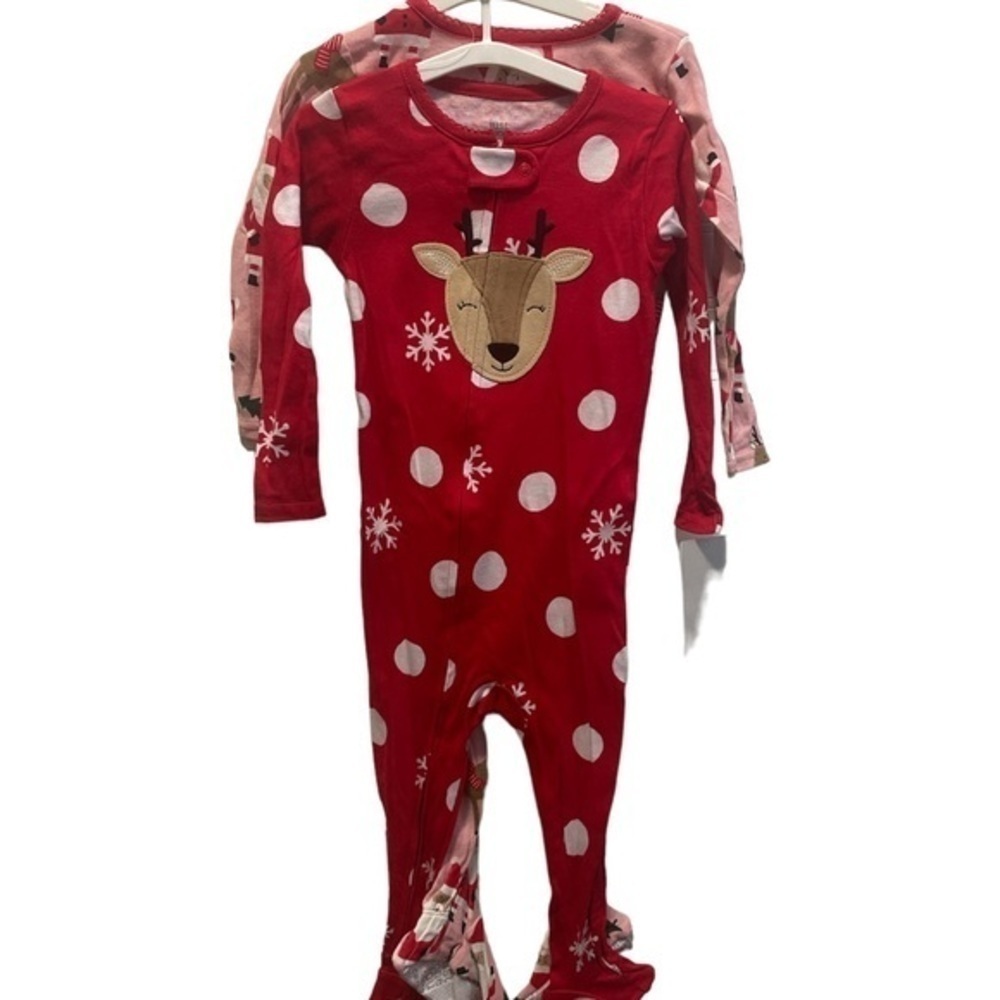 Carter’s pajama set reindeer girls footed long sleeve red pink Santa pjs NWT 18M